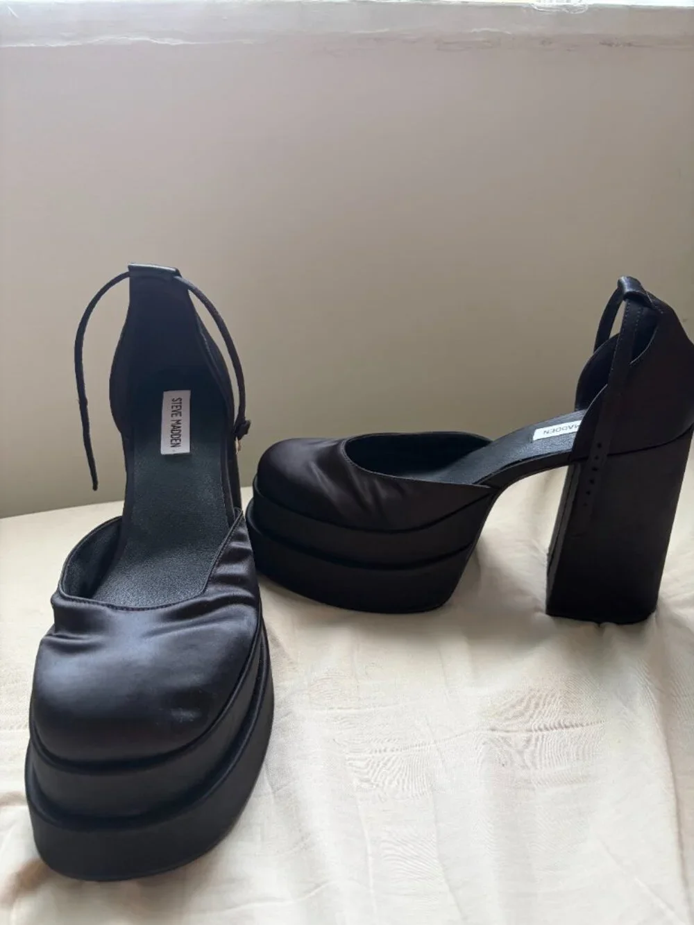 Steve Madden Charlize Black Satin Platform Heels with Ankle Strap